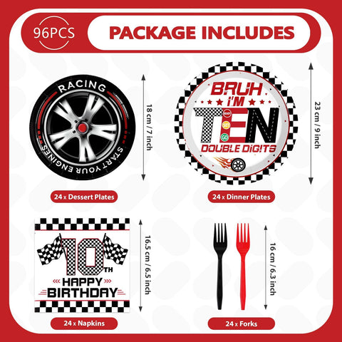 96 Pcs Race Car 10th Birthday Party Plates and Napkins - Grencian