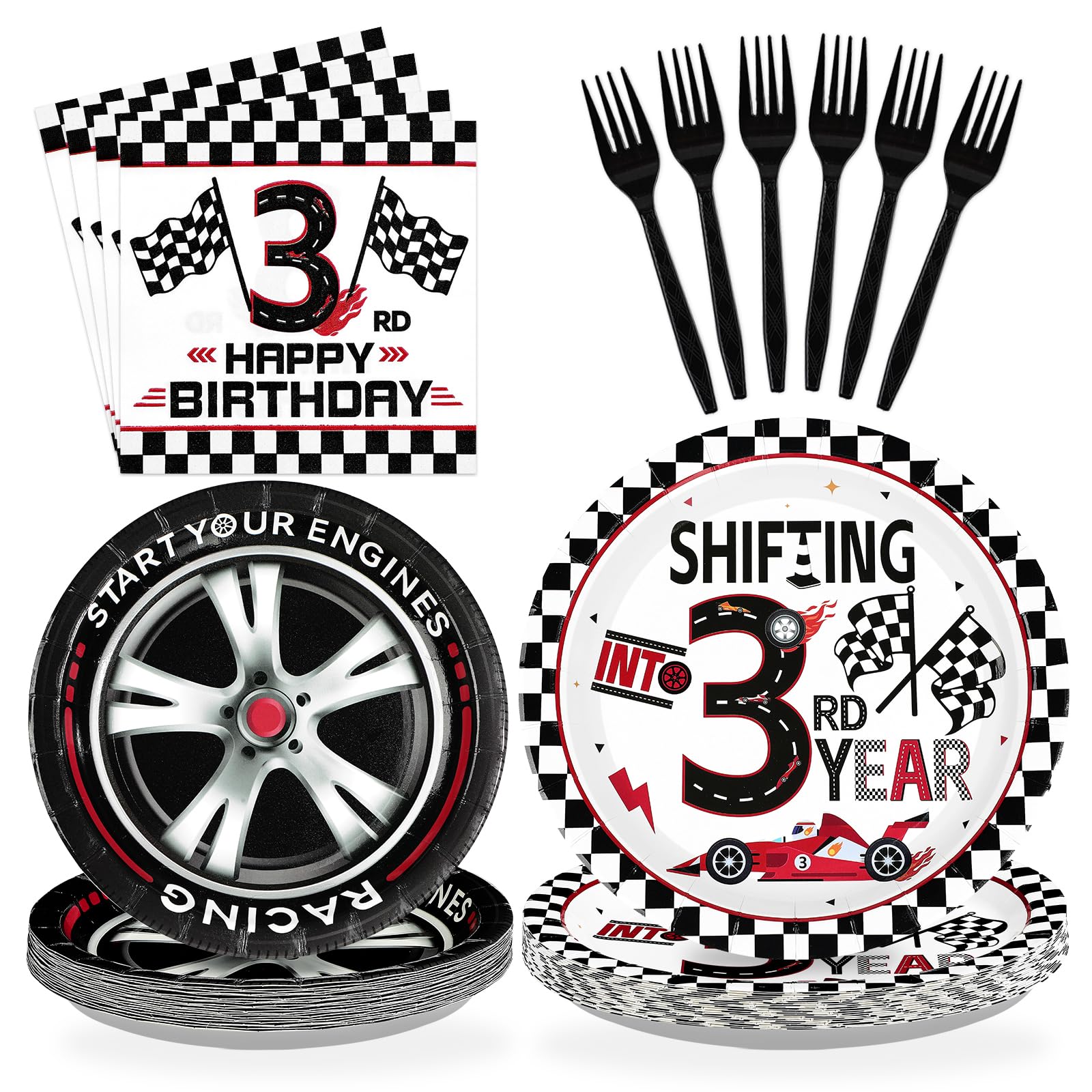 96 Pcs Race Car 3rd Birthday Party Plates and Napkins - Grencian
