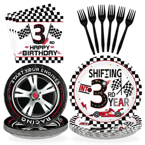 96 Pcs Race Car 3rd Birthday Party Plates and Napkins - Grencian
