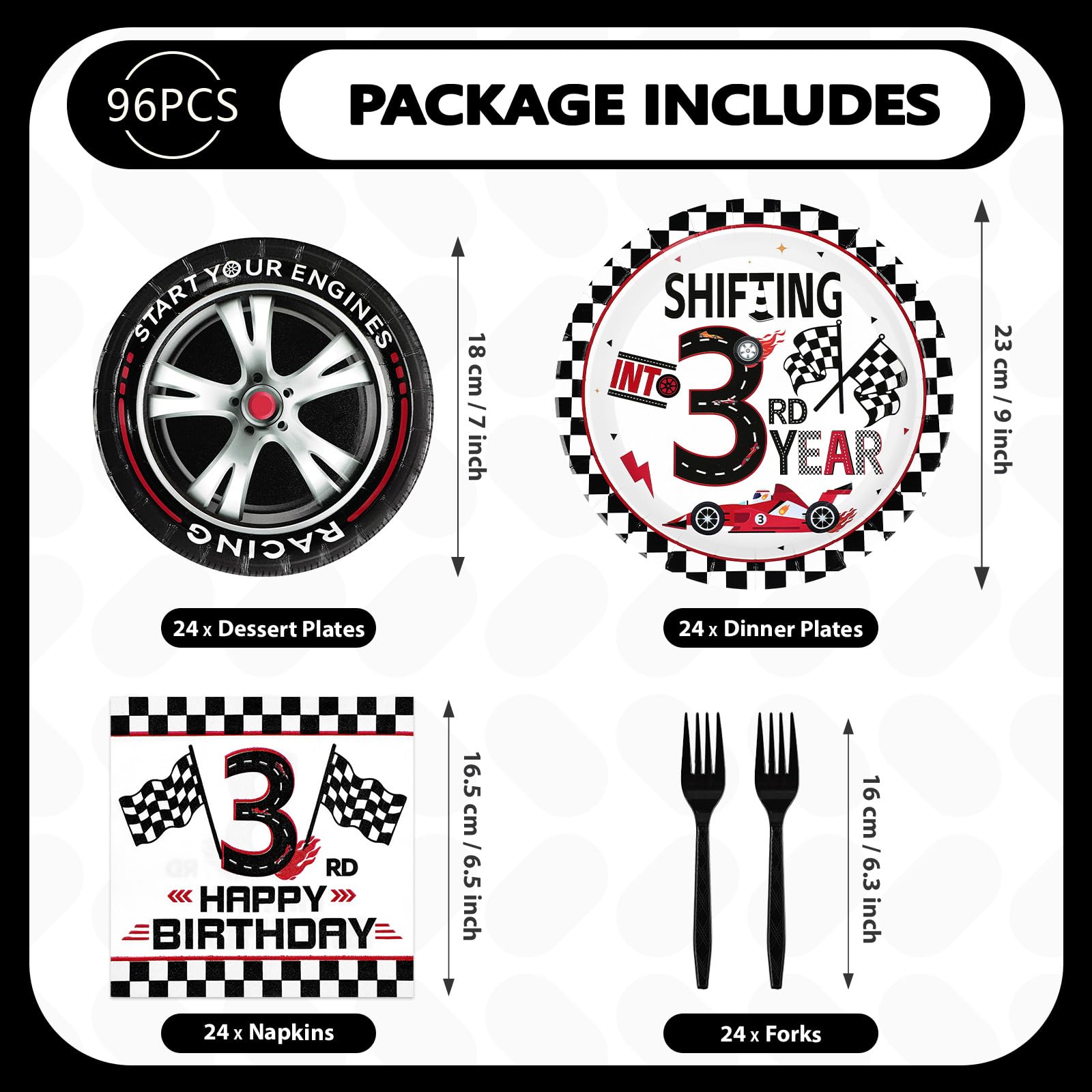 96 Pcs Race Car 3rd Birthday Party Plates and Napkins - Grencian