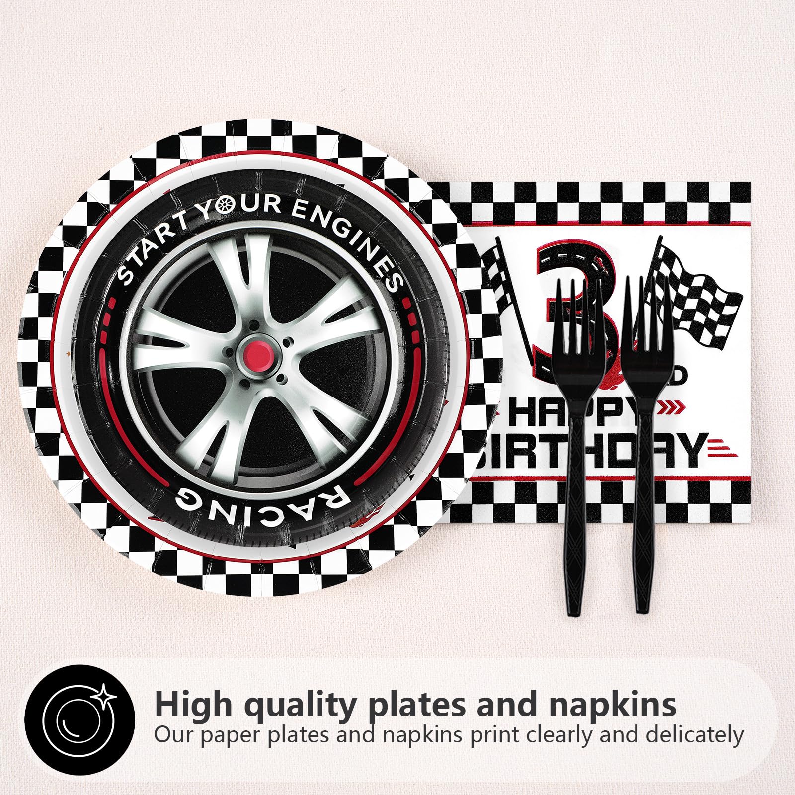 96 Pcs Race Car 3rd Birthday Party Plates and Napkins - Grencian