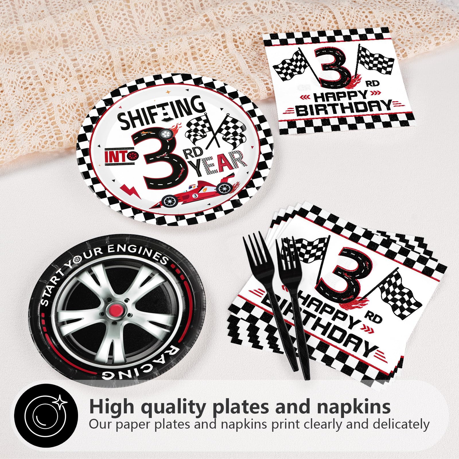 96 Pcs Race Car 3rd Birthday Party Plates and Napkins - Grencian
