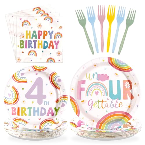 96 Pcs Rainbow 4th Birthday Party Plates and Napkins - Grencian