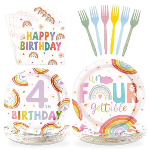 96 Pcs Rainbow 4th Birthday Party Plates and Napkins - Grencian