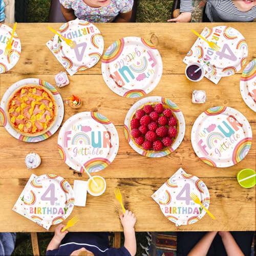 96 Pcs Rainbow 4th Birthday Party Plates and Napkins - Grencian