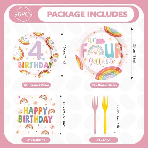 96 Pcs Rainbow 4th Birthday Party Plates and Napkins - Grencian