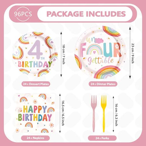96 Pcs Rainbow 4th Birthday Party Plates and Napkins - Grencian