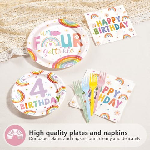 96 Pcs Rainbow 4th Birthday Party Plates and Napkins - Grencian