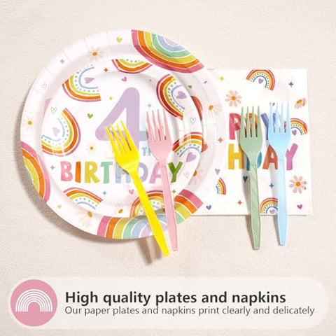 96 Pcs Rainbow 4th Birthday Party Plates and Napkins - Grencian