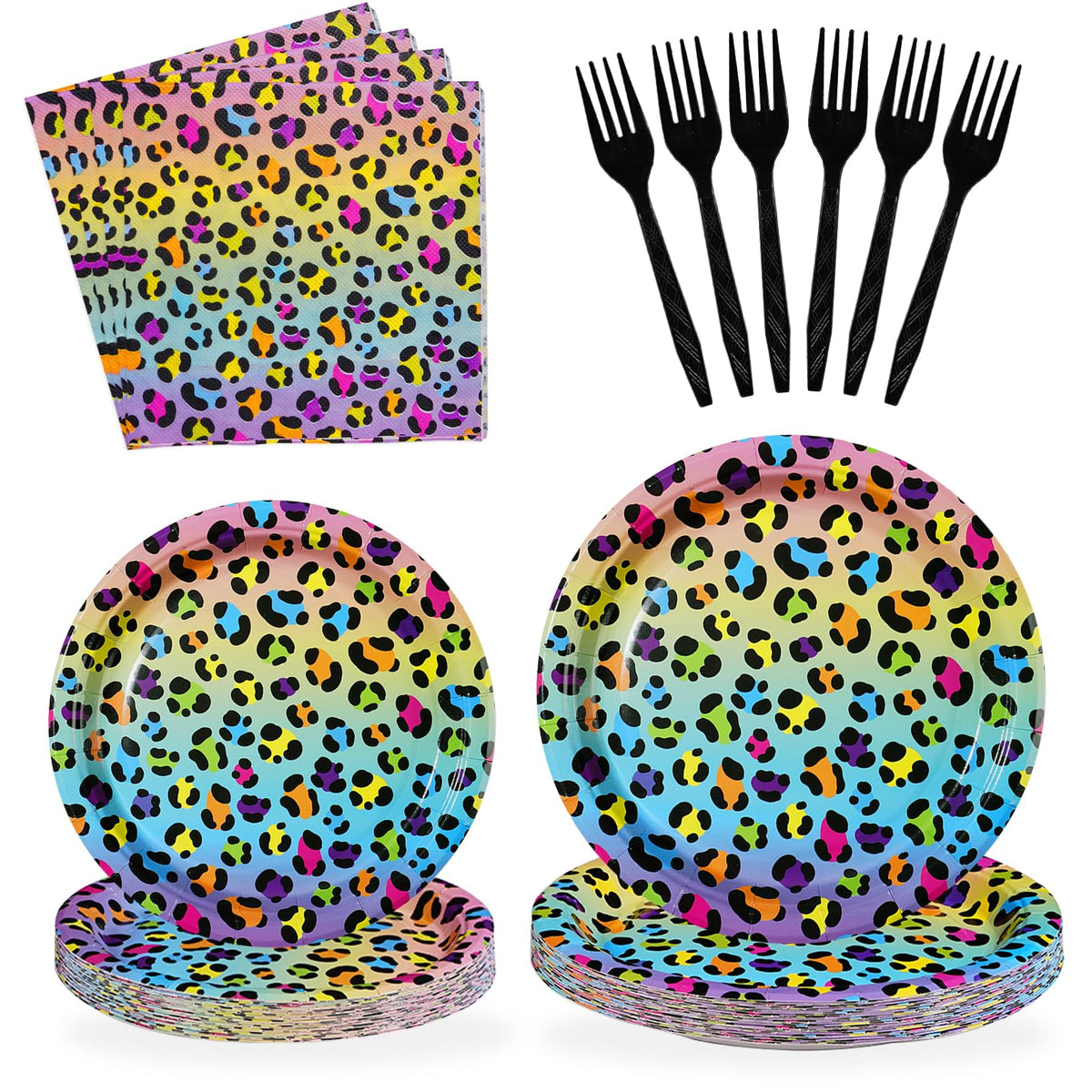 96 Pcs Rainbow Leopard Party Plates and Napkins - Grencian