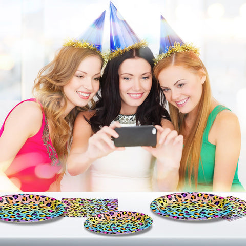 96 Pcs Rainbow Leopard Party Plates and Napkins - Grencian