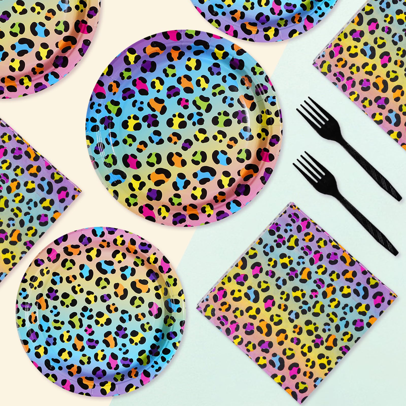 96 Pcs Rainbow Leopard Party Plates and Napkins - Grencian