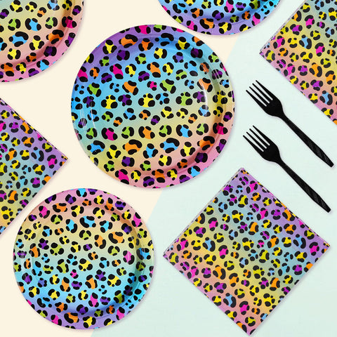 96 Pcs Rainbow Leopard Party Plates and Napkins - Grencian