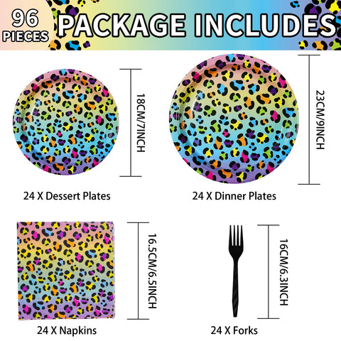 96 Pcs Rainbow Leopard Party Plates and Napkins - Grencian