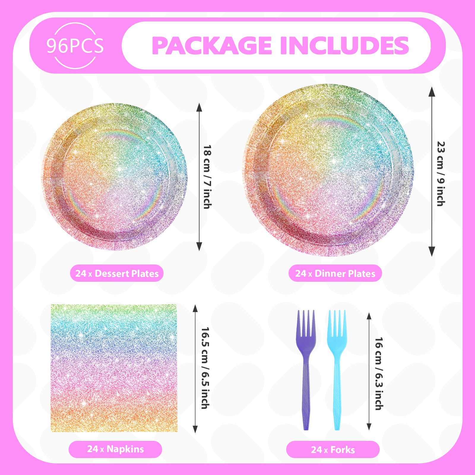 96 Pcs Rainbow Party Plates and Napkins - Grencian