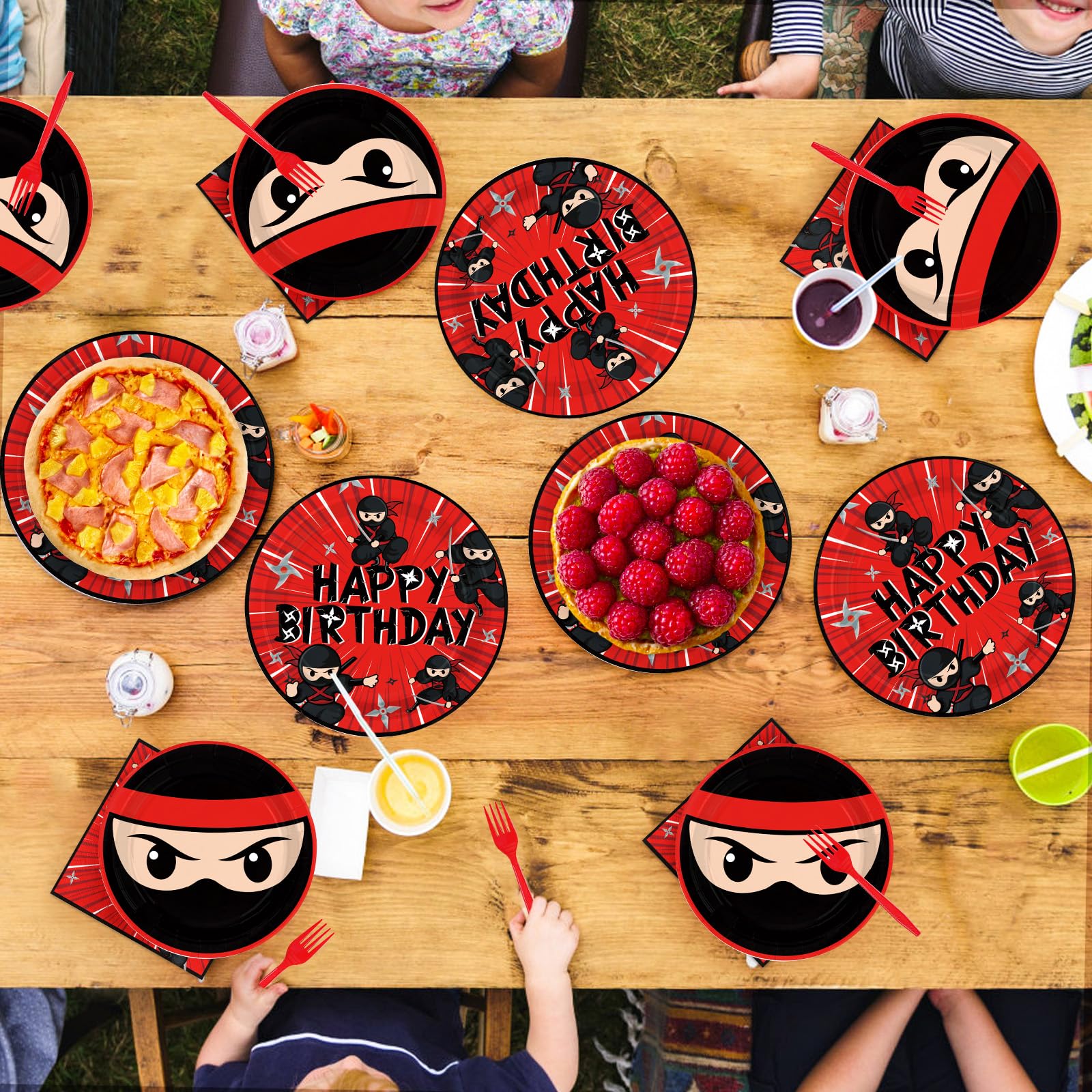 96 Pcs Red Black Ninja Birthday Party Plates and Napkins - Grencian