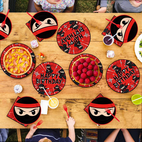 96 Pcs Red Black Ninja Birthday Party Plates and Napkins - Grencian