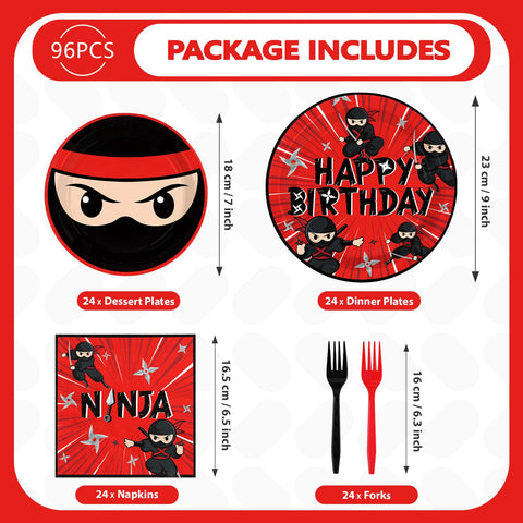 96 Pcs Red Black Ninja Birthday Party Plates and Napkins - Grencian