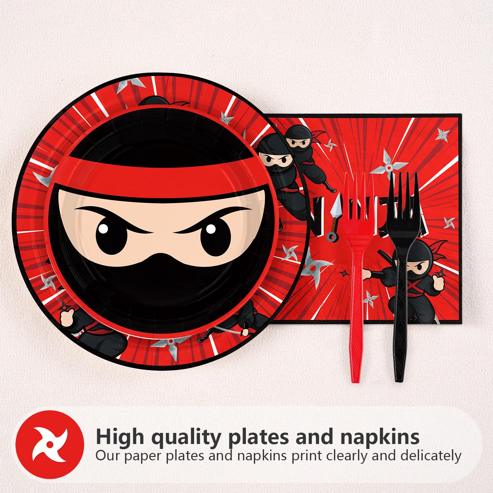 96 Pcs Red Black Ninja Birthday Party Plates and Napkins - Grencian