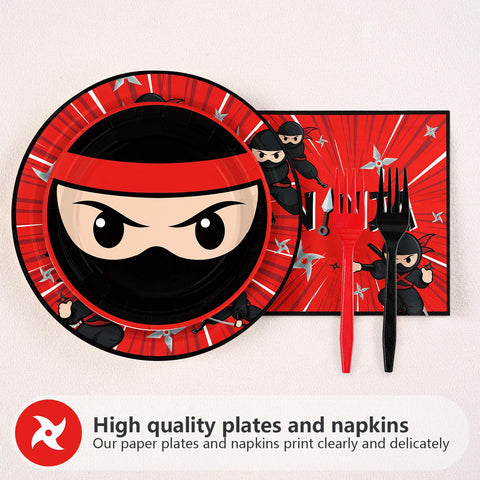 96 Pcs Red Black Ninja Birthday Party Plates and Napkins - Grencian