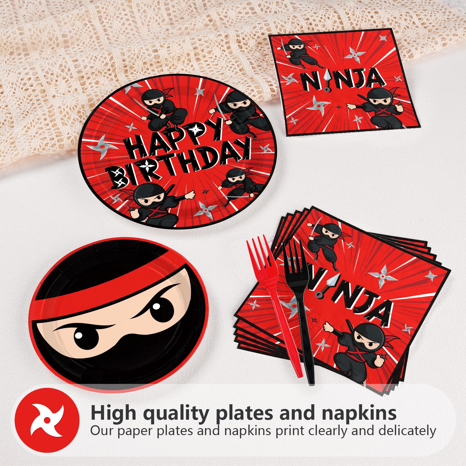 96 Pcs Red Black Ninja Birthday Party Plates and Napkins - Grencian