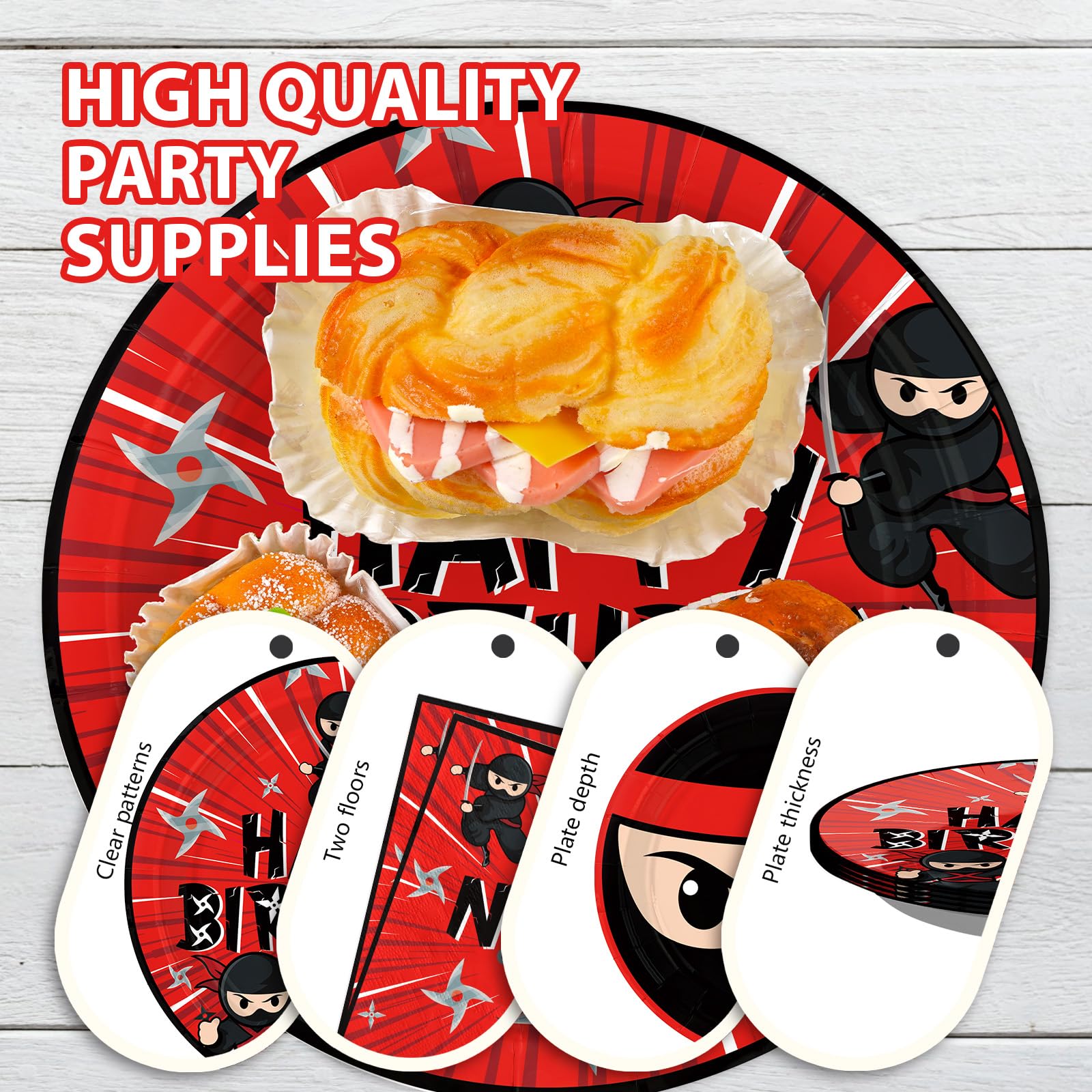 96 Pcs Red Black Ninja Birthday Party Plates and Napkins - Grencian