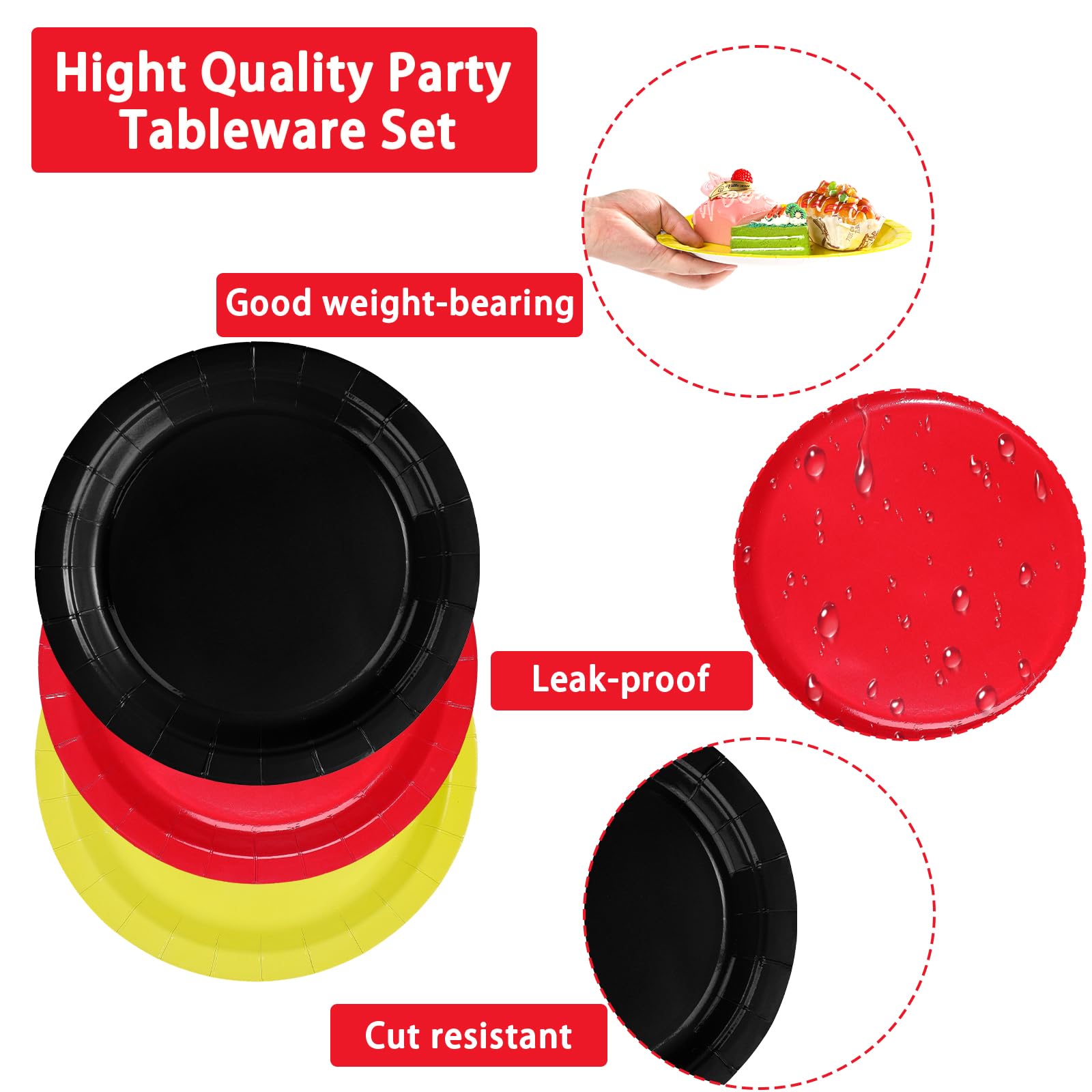 96 Pcs Red Black Yellow Party Plates and Napkins - Grencian