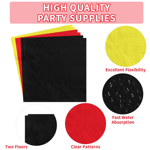 96 Pcs Red Black Yellow Party Plates and Napkins - Grencian