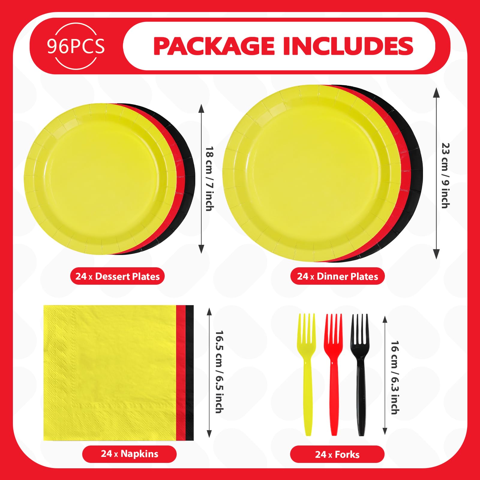96 Pcs Red Black Yellow Party Plates and Napkins - Grencian
