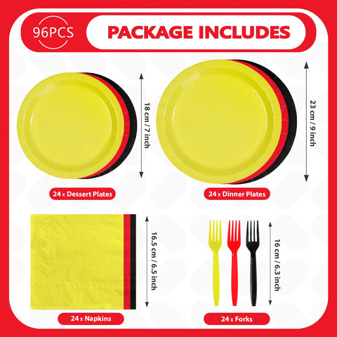96 Pcs Red Black Yellow Party Plates and Napkins - Grencian