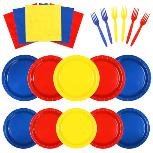 96 Pcs Red Blue Yellow Party Plates and Napkins - Grencian