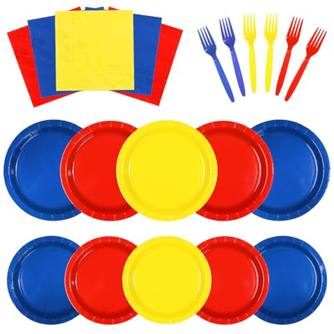 96 Pcs Red Blue Yellow Party Plates and Napkins - Grencian