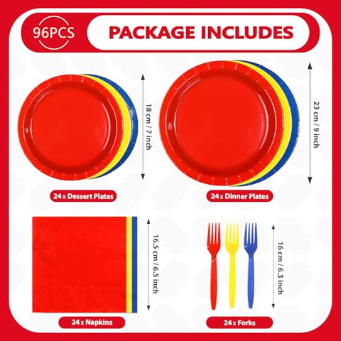 96 Pcs Red Blue Yellow Party Plates and Napkins - Grencian