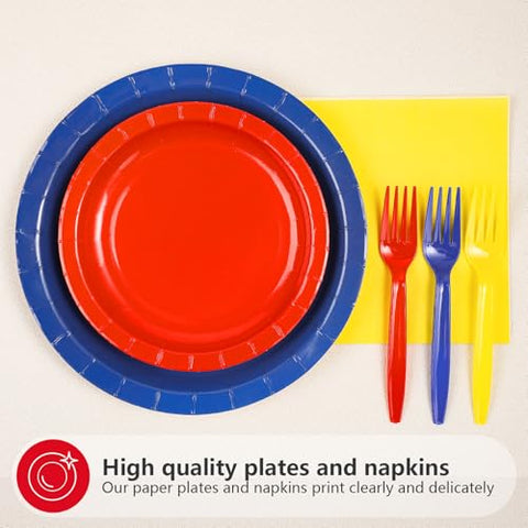 96 Pcs Red Blue Yellow Party Plates and Napkins - Grencian