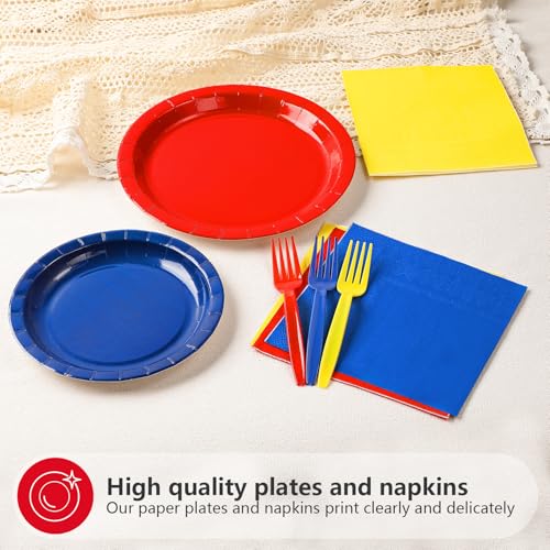 96 Pcs Red Blue Yellow Party Plates and Napkins - Grencian