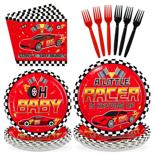 96 Pcs Red Car Baby Shower Party Plates and Napkins - Grencian
