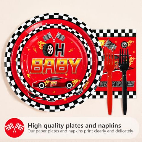 96 Pcs Red Car Baby Shower Party Plates and Napkins - Grencian