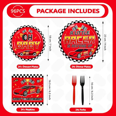 96 Pcs Red Car Baby Shower Party Plates and Napkins - Grencian