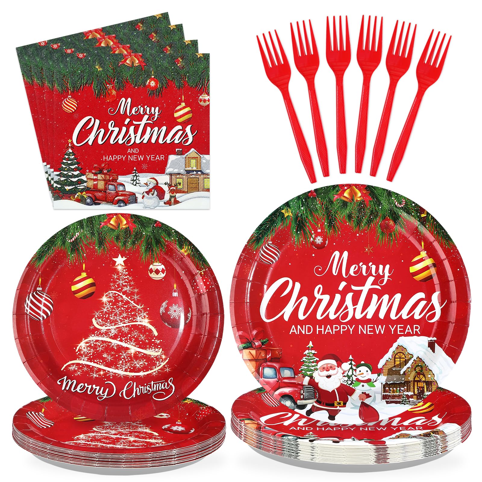 96 Pcs Red Christmas Party Plates and Napkins - Grencian