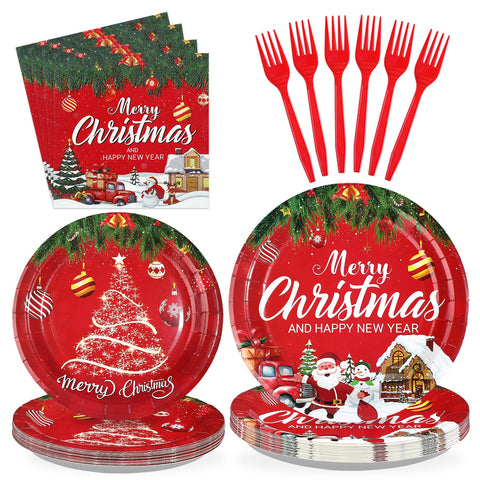 96 Pcs Red Christmas Party Plates and Napkins - Grencian