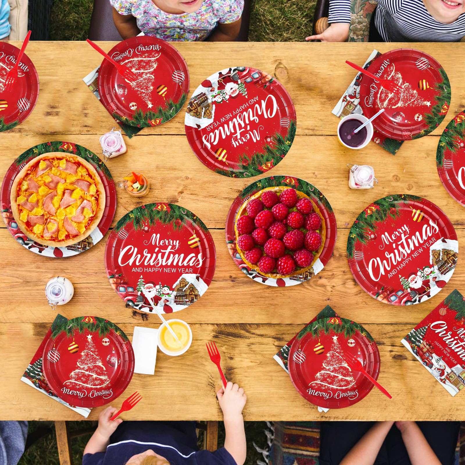 96 Pcs Red Christmas Party Plates and Napkins - Grencian