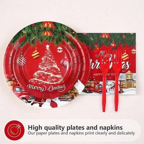 96 Pcs Red Christmas Party Plates and Napkins - Grencian