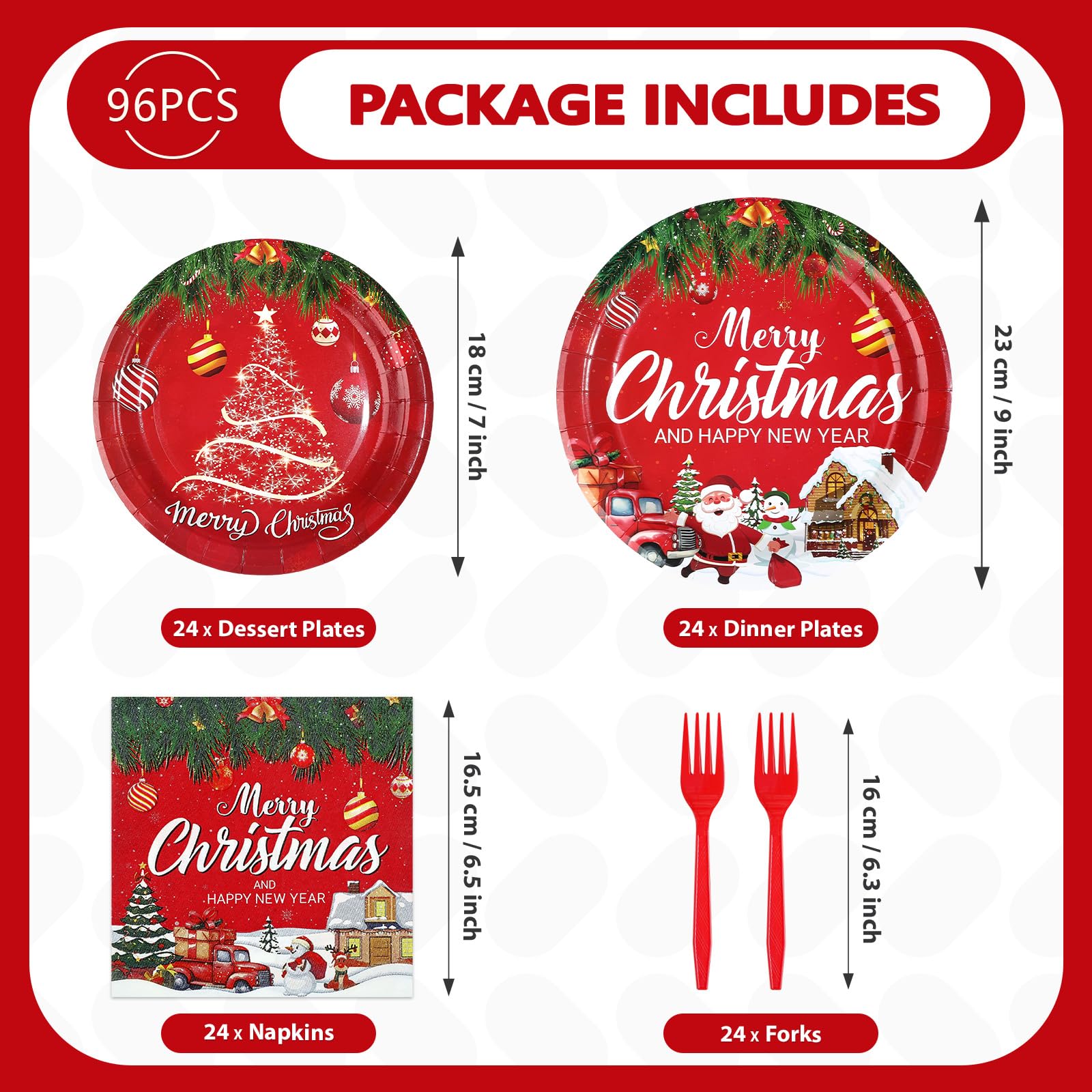 96 Pcs Red Christmas Party Plates and Napkins - Grencian