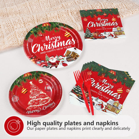 96 Pcs Red Christmas Party Plates and Napkins - Grencian