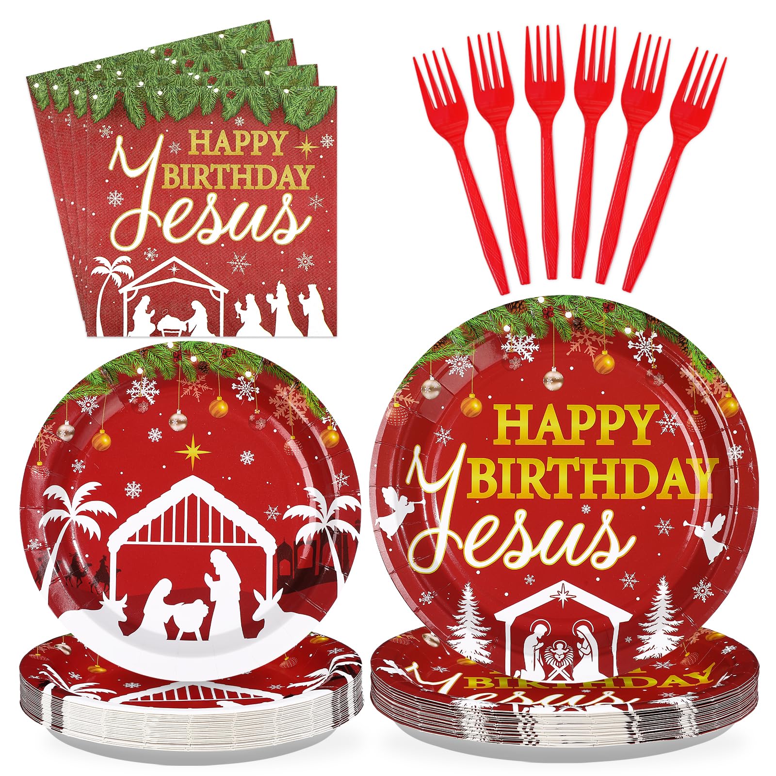 96 Pcs Red Jesus's Birthday Party Plates and Napkins - Grencian