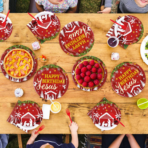 96 Pcs Red Jesus's Birthday Party Plates and Napkins - Grencian