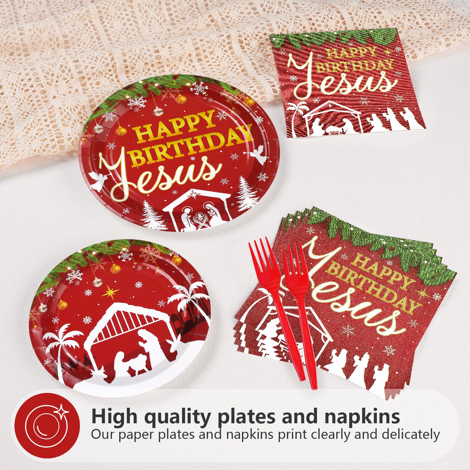 96 Pcs Red Jesus's Birthday Party Plates and Napkins - Grencian