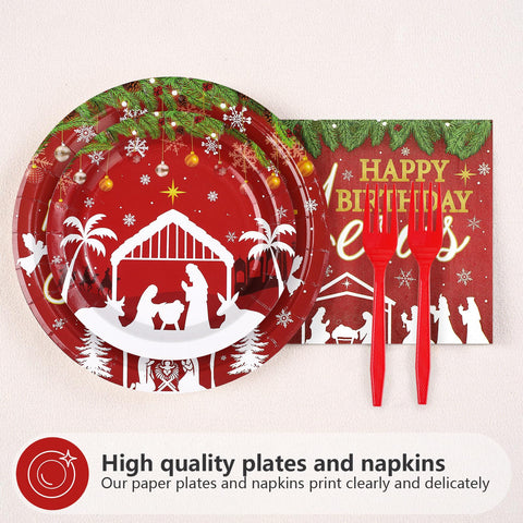 96 Pcs Red Jesus's Birthday Party Plates and Napkins - Grencian