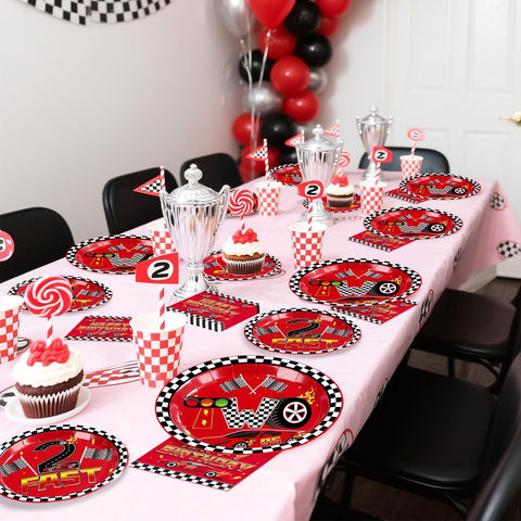 96 Pcs Red Race Car 2nd Birthday Party Plates and Napkins - Grencian