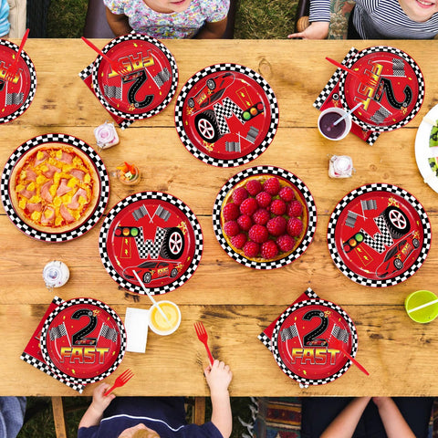 96 Pcs Red Race Car 2nd Birthday Party Plates and Napkins - Grencian